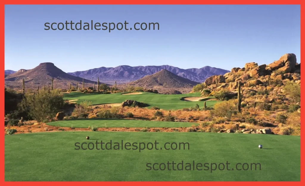 Golfer teeing off at TPC Scottsdale Stadium Course with desert mountains in background best golf courses in scottsdale