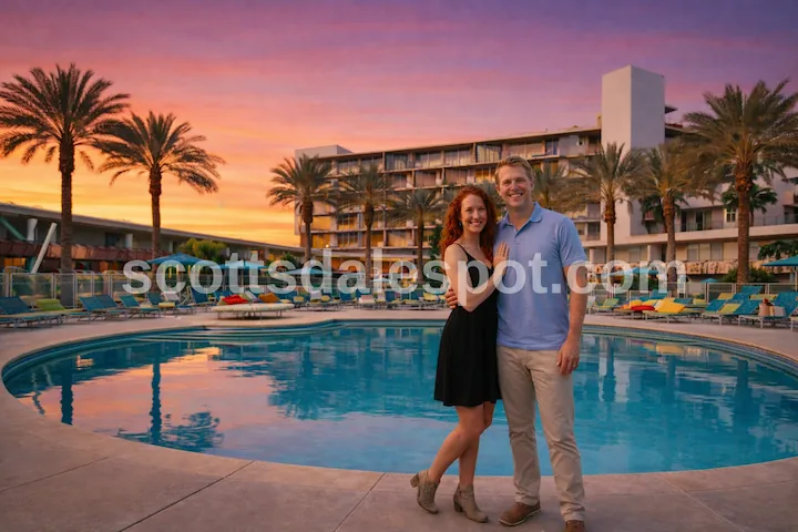 hotel valley ho scottsdale pool area mid-century modern design boutique hotel arizona couple