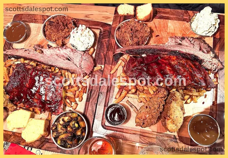 Best BBQ in Scottsdale Platter of smoked brisket, ribs, and pulled pork
