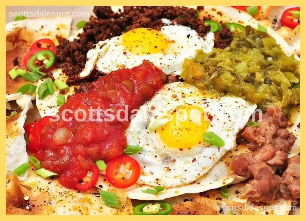 Traditional huevos rancheros breakfast on colorful patio at Los Olivos Mexican restaurant Scottsdale