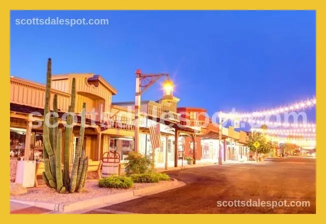 Old Town Scottsdale at sunset with lit galleries restaurants outdoor patios and visitors enjoying mild desert evening weather
