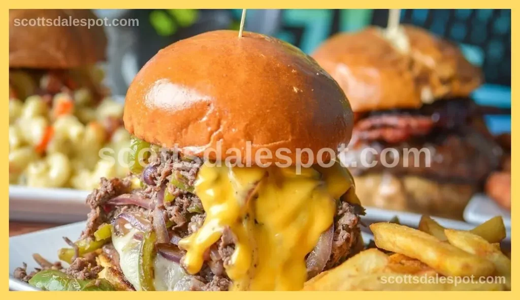 Therapy burger with smoked bacon aged cheddar caramelized onions at Rehab Burger Therapy Scottsdale