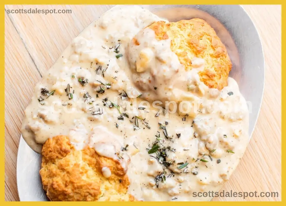 Fluffy homemade biscuits smothered in sausage gravy at best Scottsdale breakfast restaurant