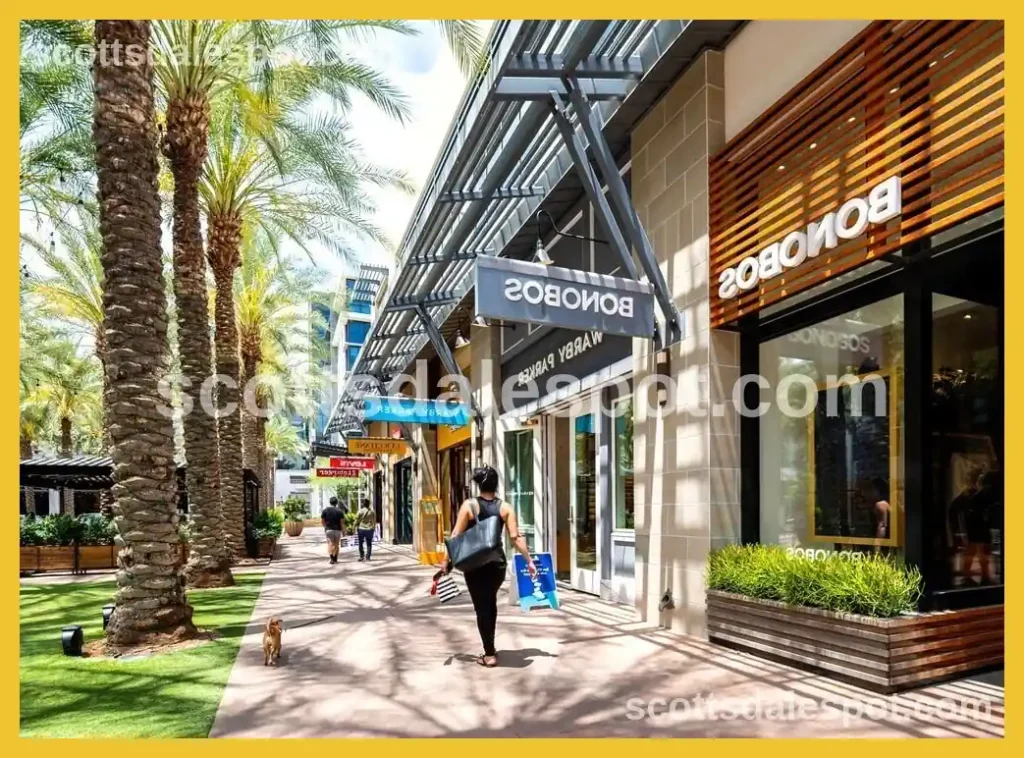Scottsdale Quarter outdoor shopping center with modern architecture restaurants outdoor seating and splash pad in North Scottsdale