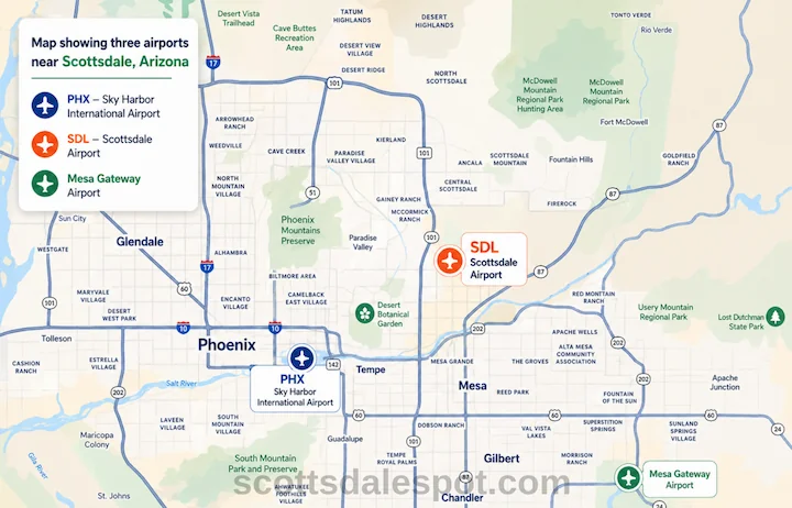 Map showing three airports near Scottsdale Arizona PHX Sky Harbor SDL Mesa Gateway