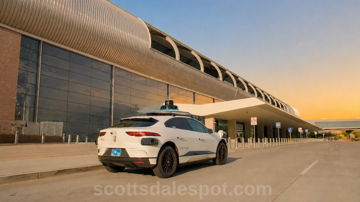Waymo autonomous robotaxi vehicle available at Phoenix Sky Harbor Airport for Scottsdale rides