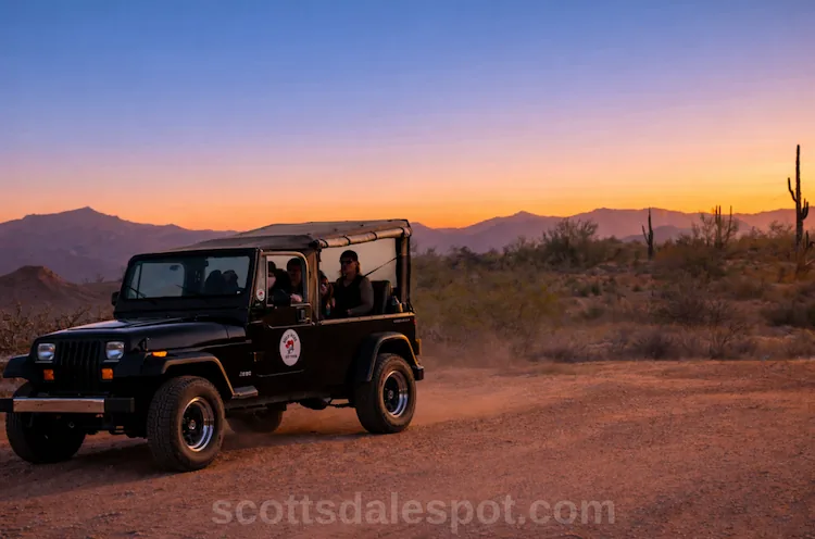 Best Jeep Tour in Scottsdale Arizona Sonoran Desert with saguaro cacti at sunset