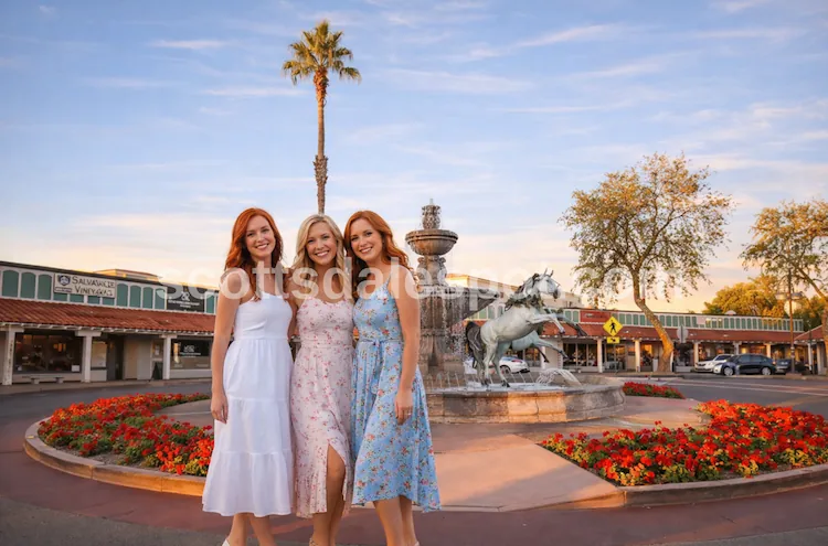 Old Town Scottsdale Arizona at sunset showing desert landscape mountains and downtown area Scottsdale Itinerary weekend girls