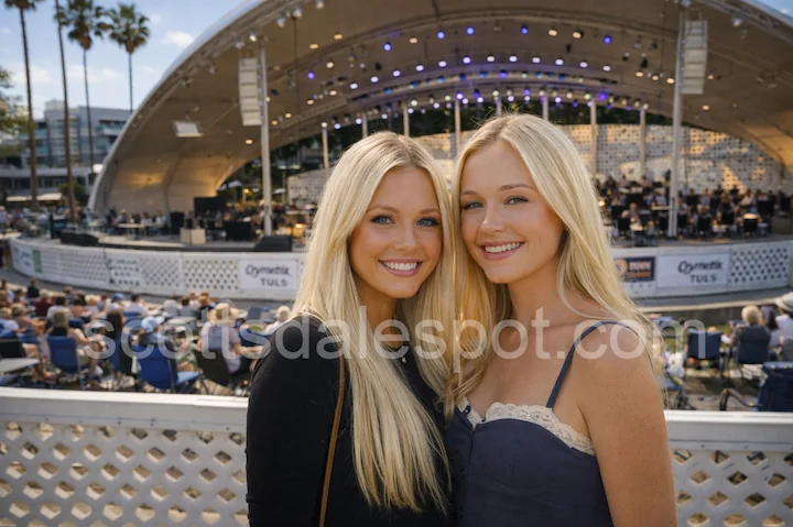 Two smiling blonde women dressed in elegant spring outfits at the Scottsdale Jazz Festival, enjoying the sunny and warm April weather in Arizona.