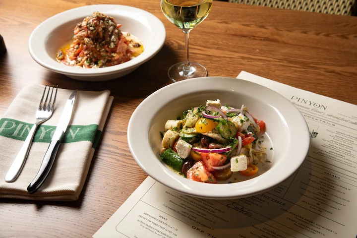 PINYON Coastal Mediterranean Scottsdale dishes feta salad wine Arizona Restaurant Week
