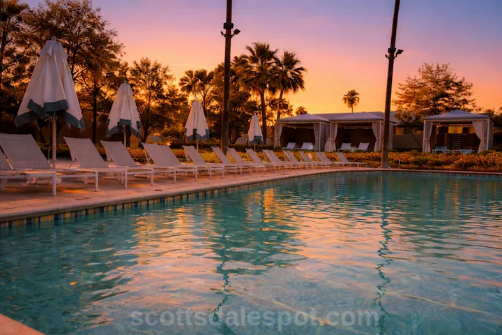 Scottsdale Arizona summer weather resort pool with mountain views