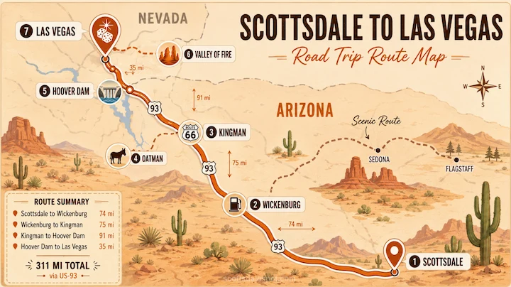 Scottsdale to Las Vegas road trip itinerary map with stops